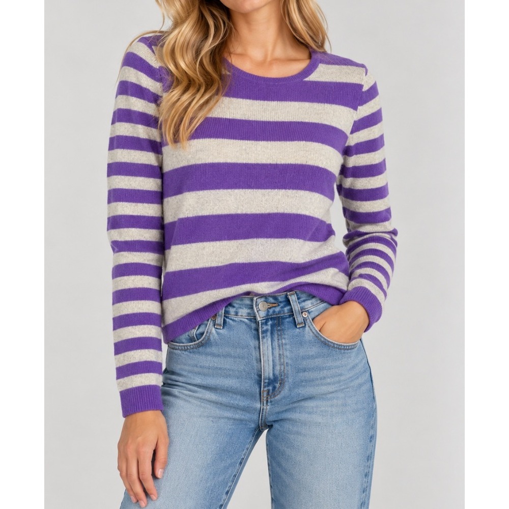 Lord & Taylor Cashmere Sweater Womens Small Purple Gray Striped Crew Neck Knit